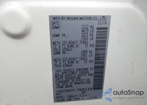 2015 Nissan Rogue S from USA, damaged, VIN 5N1AT2MV7FC788338